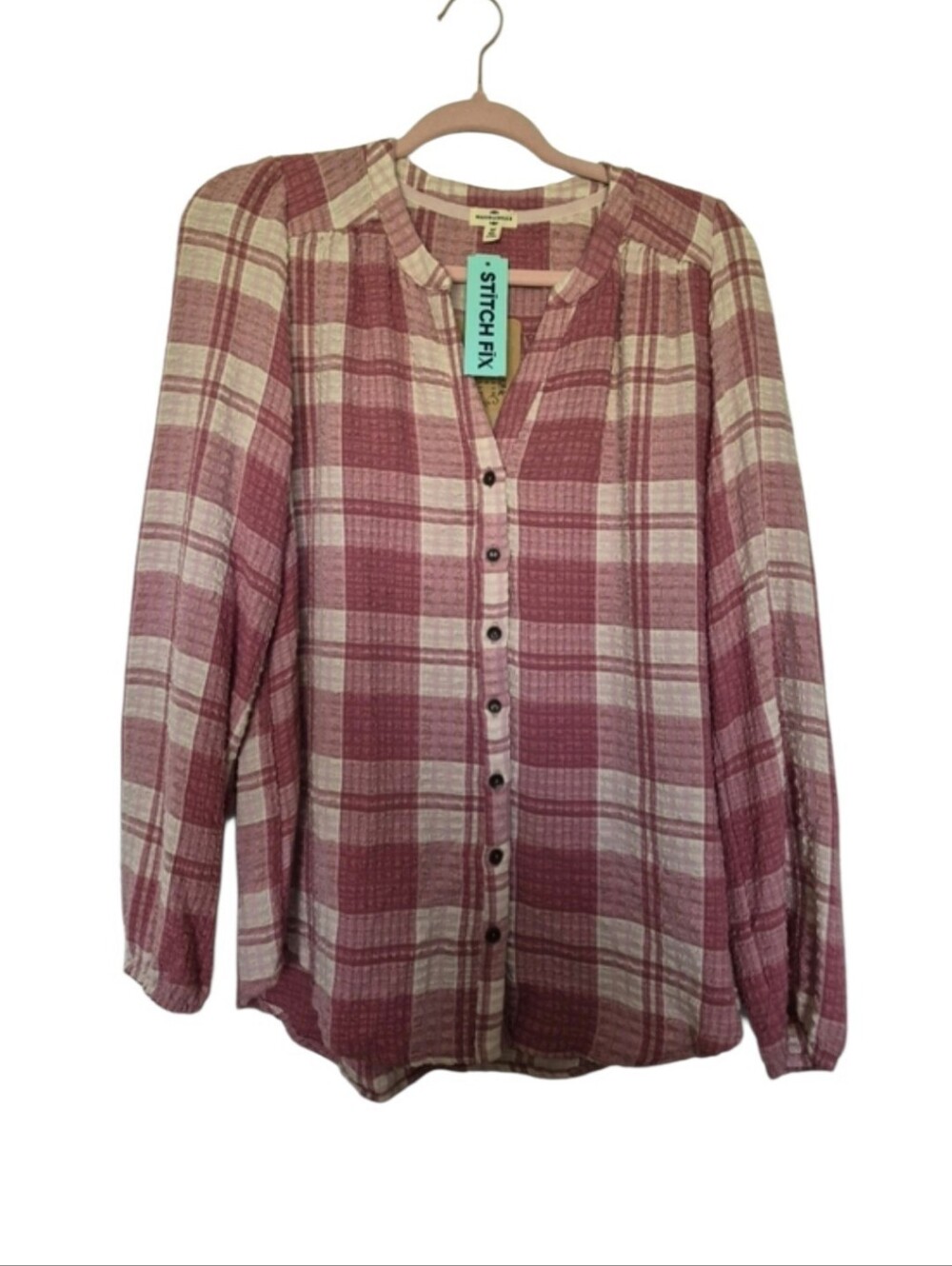 NWT Mason & Belle Size Medium Pink Aila Plaid Split Neck Top Stitch Fix